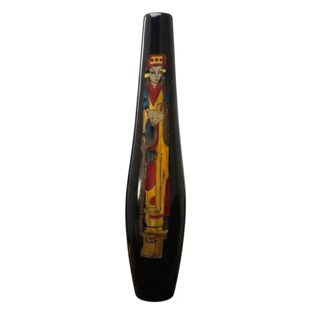 Vintage Japanese Gilded Gold Black Lacquer Tall Vase